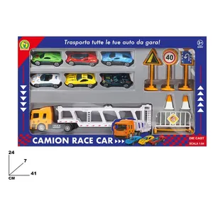 Camion de course miniature en métal 1:84 avec 6 voitures et panneaux routiers pour enfants de 3 ans et plus - Product Image 1