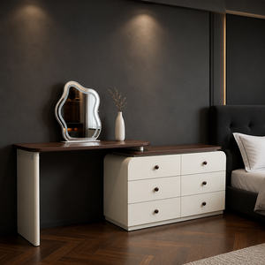 Coiffeuse moderne en acajou réglable avec miroir éclairé, 6 tiroirs, blanc crème, ensemble de bureau de maquillage avec rangement pour chambre et salle à manger - Product Image 4