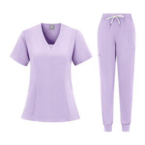 Women Hospital Scrub <b>Set</b> V-Neck Top And Drawstring Pants Polyester Split Uniform For Nurses <b>Doctors</b> Clinics Labs - Product Image 2