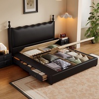 Modernes Vintage Öko-Freundliches Gepolstertes Plattformbett mit Stauraum, Hohen Pfosten, Gestepptem PU-Leder-Kopfteil und Massivholz-Basis aus Kiefernholz