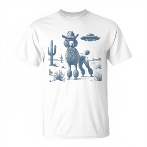 T-shirt Poodle Cowboy Ufo bianca unisex per adulti taglia media - Product Image 2