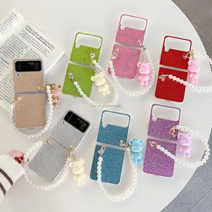 Luxus-Lederkette Riemen Damen Glitzer-Riemen Halskette Rückenabdeckung Telefonhülle für Samsung Z Flip 4 Mädchen Telefonhülle