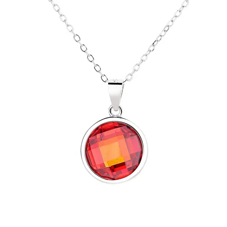 Ruby Stone Round Shape Simple Pendant in Sterling Silver 925 Shiny Necklace for Women