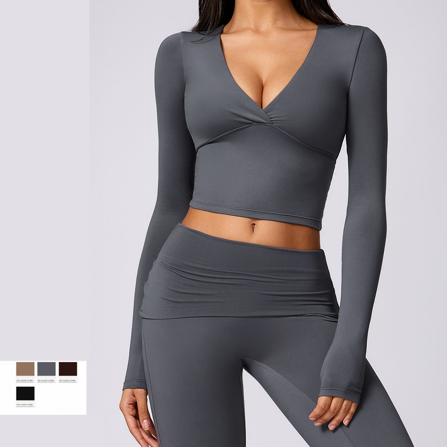 Custom Women's Sexy Deep V Neck Slim Fit Sportswear Crop Top Long Sleeve Pleated Yoga Top Active Wear Gym Fitness Wear