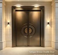 Porte d'entrée principale de villa européenne classique de luxe en bronze antique, circulaire, sculptée, en fonte d'aluminium, double, sur mesure, style rétro pour chambre à coucher