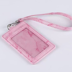 Solid ID PU Strap Dyed PU Hanging Rope And Capsule With <b>Elastic</b> Pull Tab Marble Style Multiple Card Slots For ID Card Holder - Product Image 2