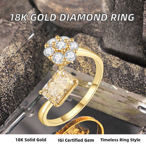 Anillo de Compromiso y Boda de Lujo en Oro Sólido de 18K con Corte Esmeralda Clásico, Engaste de Puntas, Diamante Amarillo de Un Quilate Cultivado en Laboratorio con Certificación IGI - Product Image 2