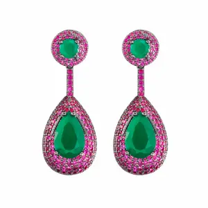 Boho Earrings for Women Green Emerald Inlaid Hot Pink CZ Zircon Drop Earrings Water Drop Shape Dangle Earrings Costume Jewelry