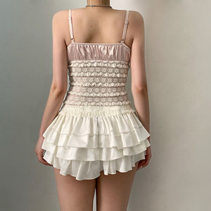 Top de verano transpirable para mujer, de punto con patchwork, con lazo de encaje, busto fruncido, sin mangas, para descansar o dormir - Product Image 6