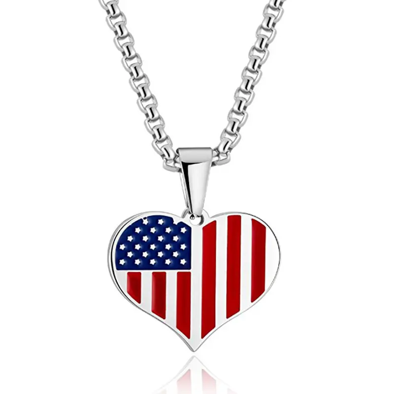 Wasserdichte 316L Edelstahl Schmuck American Flag Herz Anhänger Halskette für Frauen Männer