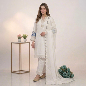 White Embroidered <b>Indian</b> Pakistani <b>Top</b> Elegant V Neck Long Sleeve Salwar Kameez Blouse for Wedding Party - Product Image 1