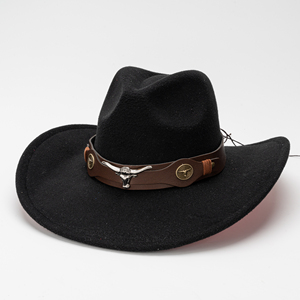 Sombrero Vaquero Occidental de Fieltro Negro en Oferta, Decoración Longhorn, Correa de Cuero Marrón, Unisex, Ala Ancha, para Uso Diario y Fiestas - Product Image 1