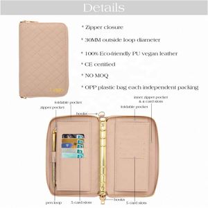 Hongbo Best Seller 9-Color 6-Gold-Ring A6 Pebble Quilted Leather Compact Zippy <b>Budget</b> <b>Binder</b> Wallet Office Planner and Agenda - Product Image 5