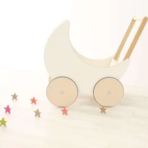 新到货教育木制儿童婴儿车幼儿学步车推拉玩具白色婴儿学步车玩具