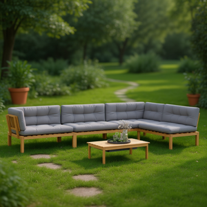 Ensemble de canapés de jardin en bois d'acacia avec coussins gris, 6 places, mobilier d'extérieur, design contemporain, résistant aux intempéries - Product Image 2