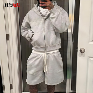 Blank Custom DTG Printing High Quality Baggy Zip up Sweatshirts <strong>and</strong> Drawstring <strong>Shorts</strong> Two Piece <strong>Men</strong> <strong>Hoodies</strong> <strong>Set</strong> - Product Image 1