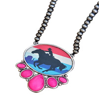 Colliers pendentifs Comiya rétro style western rose turquoise en alliage de zinc avec chaîne en bambou et imprimé cowboy, bijoux de mode