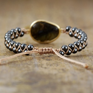 Bracelet en perles noires double couche tissé à la main vintage Bracelet en pierre Briolette colorée pour femmes bijoux cadeau - Product Image 2