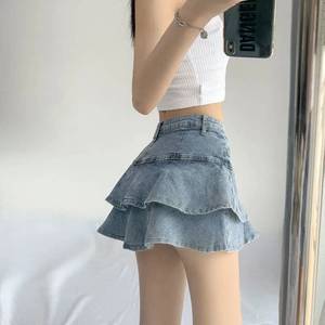 Femmes été Vintage lavé décontracté Slim Denim Streetwear taille haute a-ligne Mini gâteau jean jupe plissée volants plaine teint - Product Image 4