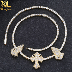 European American Vintage S925 Silver Moissanite <b>Cross</b> Praying Hands Tennis <b>Chain</b> Custom Hip Hop Men's Necklace - Product Image 5