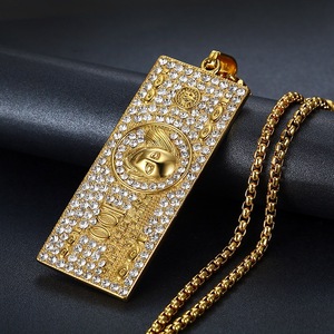 Yunnique – collier avec pendentif dollar plaqué or et diamants incrustés, en acier inoxydable, bijoux de fête Hip Hop, chaîne de 3mm, 61cm - Product Image 1