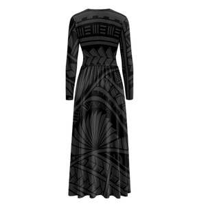 Vestidos Maxi Negros Ajustados a la Cintura con Estampado de Tatuaje Tribal Polinesio de Alta Calidad Personalizados, Elegantes para Mujer, MOQ1 - Product Image 4