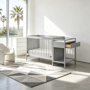High Quality <b>Brown</b> American Wood Baby Crib with Changing Table, Multi Adjustable Height, Sturdy Wood <b>Bed</b> Plate & Durable Frame - Product Image 1