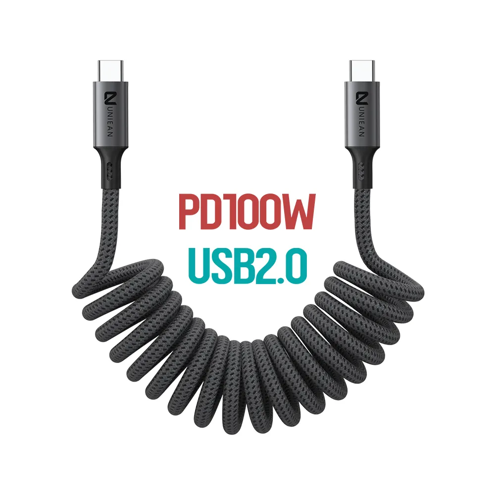 Aluminum Alloy Shell Spiral Curly Nylon Braided Type C PD 100W USB Data Cable Spring Coiled Wire Charging Cable Type C for EV