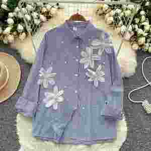 Blusas Casuales de Manga Larga Tejidas Estilo Vintage para Otoño, Transpirables, con Estampado Floral y Diamantes, Elegantes, Bordadas en la Parte Delantera - Product Image 3
