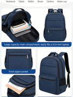 Sac à dos professionnel antivol et imperméable en polyester pour ordinateur portable, idéal pour les étudiants, grande capacité avec organisateurs internes