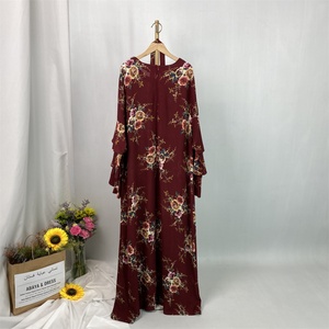Large Discount Women Dress Pretty Red Three Layers Sleeves With Flowers Print Fashion Muslim Islamic Women <b>Abaya</b> Dress 9071# - Product Image 6