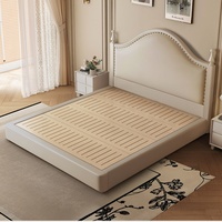 Lit en bois massif, lit avec tête de lit capitonnée de style rétro américain, lit double avec rangement de style mid-century, lit à base surélevée pour chambre principale