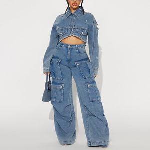 Produttore di alta qualità Denim <span class=keywords><strong>camicia</strong></span> a manica lunga e ampia gamba Multi tasche di <span class=keywords><strong>Jeans</strong></span> 2 pezzi Set per le donne - Product Image 1