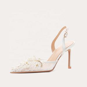 Sepatu Hak Tinggi Wanita Model Stiletto Renda Mewah Musim Panas 2024, Sandal Putih untuk Pengantin Wanita - Product Image 1
