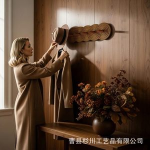 Solid Wood Wall Mounted Coat Rack Round Dark Brown Durable Entryway <b>Storage</b> Hooks For Hats Bags And <b>Clothes</b> - Product Image 2