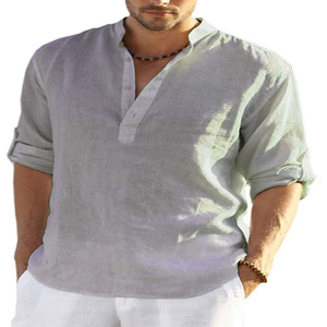 Camisa de Lino para Hombre Fitspi, Estilo Vintage, Manga Larga, Informal, Holgada, Cuello en V, Color Sólido, Tallas Grandes, Mezcla de Algodón - Product Image 4