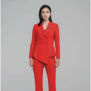Women's Red Flare Suit Set 95% Polyester +5% Spandex Single Breasted Closure Button Decoration Fashionable Weft Bullet Style