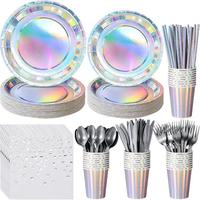 Nicro 161 pièces pour 20 invités, assiettes en papier jetables irisées, gobelets, pailles, ensemble de vaisselle coloré imprimé au laser pour fête d'anniversaire