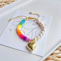 Bracelet réglable en perles Heishi arc-en-ciel et perles KKBEAD, plaqué or 18 carats, charme en forme de cœur, bijoux tendance bohème pour femmes, été, plage
