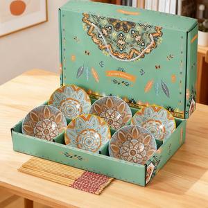 Hot Sale Ceramic 4-PC <b>Set</b>-Eco-Friendly Round Noodle Bowl for Rice Salad Red Blue Color with Gift Box - Product Image 3