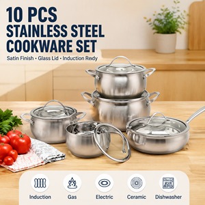 Ensemble de 10 ustensiles de cuisine en acier inoxydable, finition satinée, couvercle en verre, <span class=keywords><strong>poignée</strong></span> en acier inoxydable, compatible avec tous les types de cuisinières (induction, gaz, électrique, céramique, halogène), OEM - Product Image 1