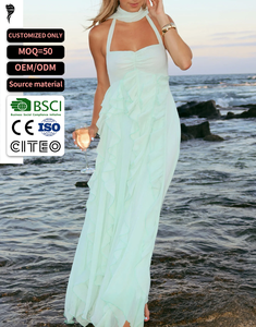 Halter Neck Chiffon Maxi <b>Dress</b> With Ruffles A-Line Boho Summer Beach Holiday Celebration Sleeveless Solid Color <b>Loose</b> Fit - Product Image 1