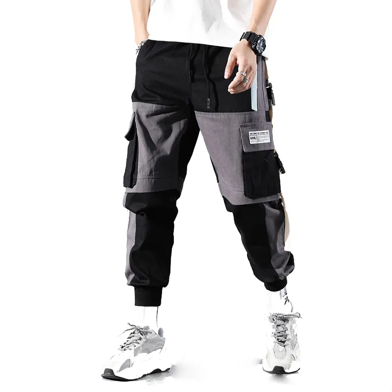 Wholesale Joggers Cargo Pants for Men Casual Hip Hop Hit Color Pocket Male Trousers Sweatpants Streetwear Ribbons Techwear Pants