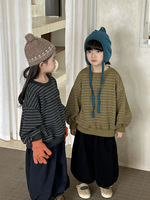 Nouveau sweat-shirt rayé à col rond pour enfants 2026, collection printemps-automne, hauts amples à manches chauve-souris pour garçons et filles