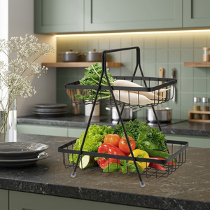 Étagère de rangement rectangulaire à double niveau en métal pour fruits, organisateur de cuisine sur pied, design minimaliste, noir - Product Image 5