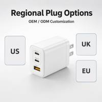 Charger Dinding Cepat GaN 3 Port QC3.0 & PD 65W Laris Manis EU dengan Multi-Port USB-C/USB-A untuk Ponsel Tablet Laptop