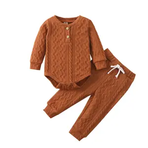 女婴男童服装套装扭转实心2pcs学步女童男童长袖连衫裤针织套装婴儿服装套装