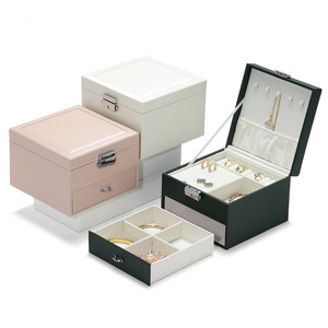 Leather Drawer <b>Jewelry</b> <b>Organizer</b> Box 2 Layers Jewellery Gift Case Double Layer Desktop Box With Metal Lock - Product Image 1