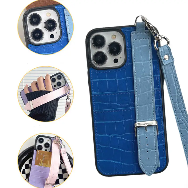 Nieuwste Stijl Krokodillenleer Lederen Flip Case Met Handband Lanyard Pu Leer Voor Iphone 15 14 13 12 11 Pro Max