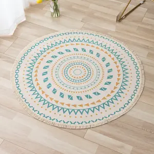 Wholesale Cotton And Linen Woven Carpet Luxury Living Room Carpet Decorative Round Rug Flower Printed Mats